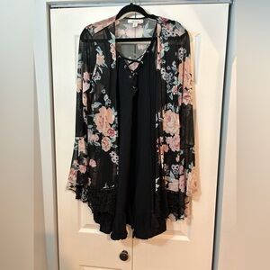 🌸 Adam Levine Black Floral Sheer Kimono & Lace Hem Dress Set – Size L